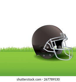 A realistic illustration of an American Football helmet sitting on green grass. 