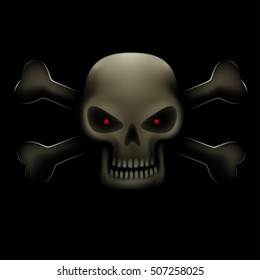 Realistic illustration of angry evil skull with red eyes and bones on dark background. Toxic symbol, poison sign