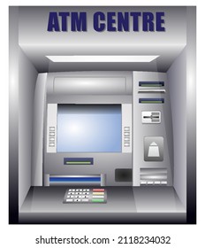 Realistic Illustration of a ATM Machine, atm bank cash machine with screen, Keypad for debit or credit card. 
