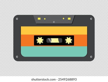 Ilustración realista de un casete de audio con carrete de cinta y etiquetas. Cinta de cassette sin enrollar con cinta magnética enredada. Casete de audio de cinta magnética clásica con transparente. 