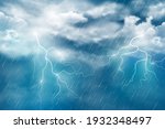 Realistic illustration of autumn night rain with thunderclouds and lightning on dark blue sky. Vector abstract background.