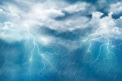 Realistic Illustration Of Autumn Night Rain With Thunderclouds And Lightning On Dark Blue Sky. Vector Abstract Background.