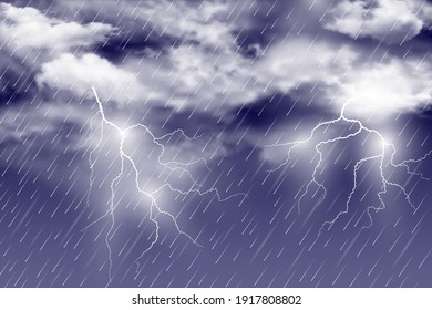 Realistic illustration of autumn night thunderstorm with heavy downpour, thunder and lightning. Vector abstract background.