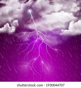 Realistic illustration of autumn purple night thunderstorm with heavy downpour, rain, thunder and lightning flash. Square vector abstract background.