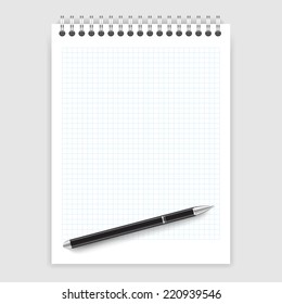 Realistic illustration of a ballpoint pen on a notepad in a cage