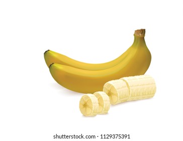 Realistic illustration of banana, whole and sliced peeled. Isolated on white background