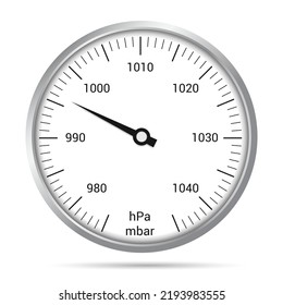 Ilustración realista del dial de barómetro con números, borde de mano y metal. Marcadores de mbar negro y hPa sobre fondo blanco - vector