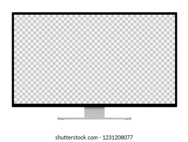 Realistic illustration of black computer monitor with silver stand and blank transparent isolated screen with space for your text or image - isolated vector on white background