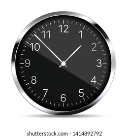 Realistic illustration of black metal wall clock with reflections, numbers and silver hands. Isolated on white background - vector