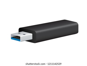 Realistic illustration of black USB 3 Flash Drive with blue color on connector, isolated on white background - vector