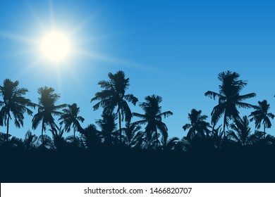 Realistic illustration of blue sky with shining rising sun and space for text. Tops of tropical palm trees on vacation - vector