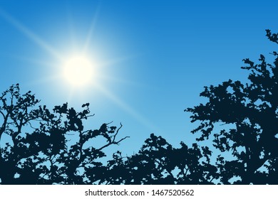 Realistic illustration of blue sky with shining sun and tree tops silhouettes - vector