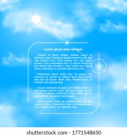 Realistic illustration of a blue sky with sun, ray of sunshine, clouds and text. Sky background vector.
