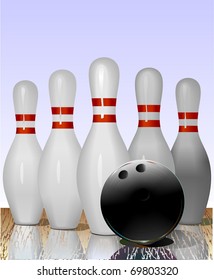 Realistic illustration of bowling pins and ball on the playing line. Reflection. Vector.