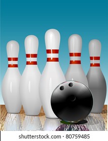 Realistic illustration of bowling pins and ball on the playing line. Reflection. Vector.