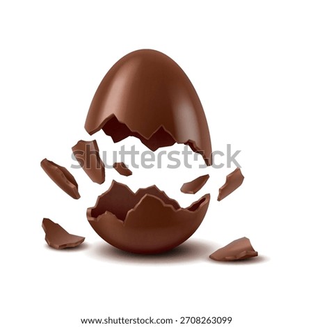 Realistic illustration of a broken chocolate egg with pieces floating around, set on a clean white backdrop to emphasize details and textures.