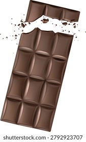 A realistic illustration of a broken dark chocolate bar with small crumbs scattering around it.Broken Chocolate Bar with Crumbs Falling, Sweet Dessert Treat