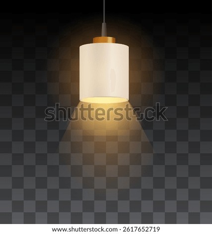 Realistic illustration of ceiling lamp with shade, isolated dark transparent background. Evening room lighting. Interior decoration. Light fixture. Vector.