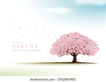 Realistic illustration of cherry blossoms standing on a grassland with a blue sky | Spring cherry blossom scenery("SAKURA" translation=cherry blossoms)