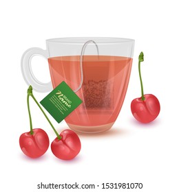 Realistic illustration of Cherry Tea, tea cup on white background. Vector eps 10 format