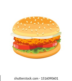 Realistic illustration of chicken burger. Tasty chicken burger include cutlet, tomato and salad.