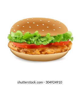 Realistic illustration of chicken burger. Tasty chicken burger include cutlet, tomato and salad. svg