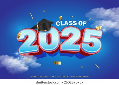 Realistic illustration for class of 2025 graduation with blue gradient background