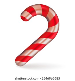 Realistic illustration of a classic candy cane with red and white stripes, glossy finish, and curved shape. A festive and iconic holiday treat symbol perfect for Christmas decorations and designs.