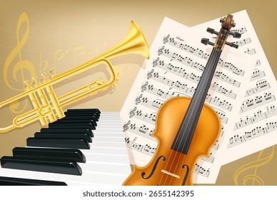 Ilustração realista de instrumentos de música clássica, incluindo um violino, trompete e teclado de piano com partitura em um fundo dourado. Perfeito para educação musical ou temas de concerto.