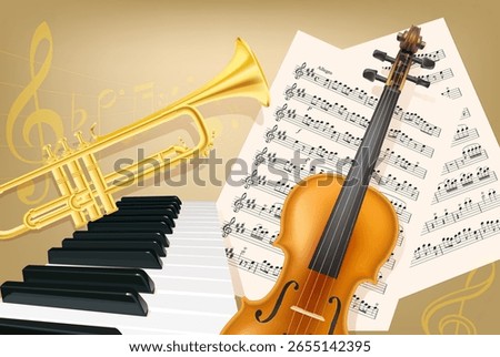 Realistic illustration of classical music instruments including a violin, trumpet, and piano keyboard with sheet music on a golden background. Perfect for music education or concert themes.