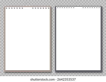 Realistic illustration of clean white notepad sheets with metal rings and shadows. Great for mockups or design presentations.