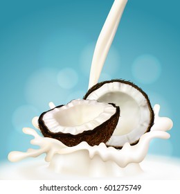 Realistic illustration of coconut and milk splash. Vector.