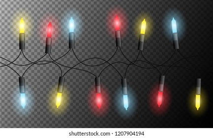 Realistic illustration of colored christmas lights red, yellow and blue colors, isolated on transparent background - vector