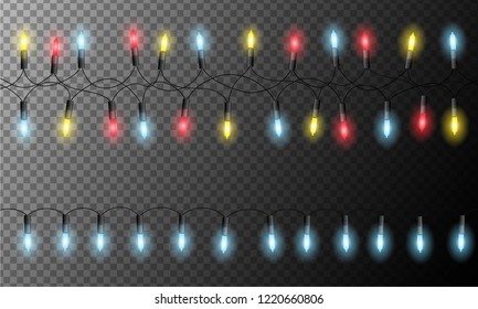 Realistic illustration of colored christmas lights yellow and white colors, isolated on transparent background - vector