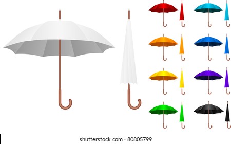 Realistic illustration of the colored umbrellas isolated over white