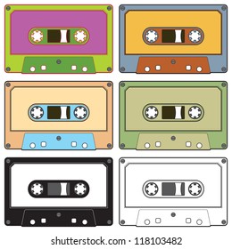 Realistic illustration of colorful radio cassettes tapes, vector