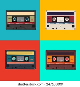 Realistic illustration of colorful radio cassettes tapes