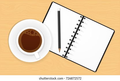 Realistic Illustration Concept of Business Vector with Notebook Cup of Coffee and Pencil for create idea or creativity