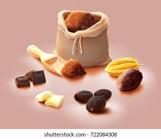 a realistic illustration concept for cocoa processed products, for example, roast cocoa beans, fine powder in a sack, butter, chocolate, a green and dry pod, isolated on light red.