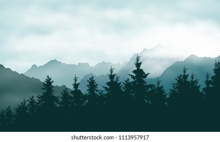 Realistic illustration of a coniferous forest in a mountain landscape in a haze under a green sky with clouds - vector