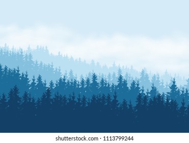 Realistic illustration of coniferous forest under blue sky with clouds - vector