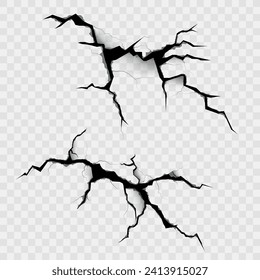 Realistic illustration of cracks. Wall cracks, torn paper, lightning. Crack effect of cracking, shattering, tearing elements on an isolated background