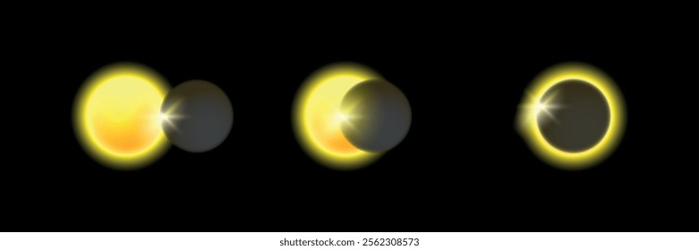 Realistic Illustration of the cycles of eclipses of the sun. Space. Vector on black background.