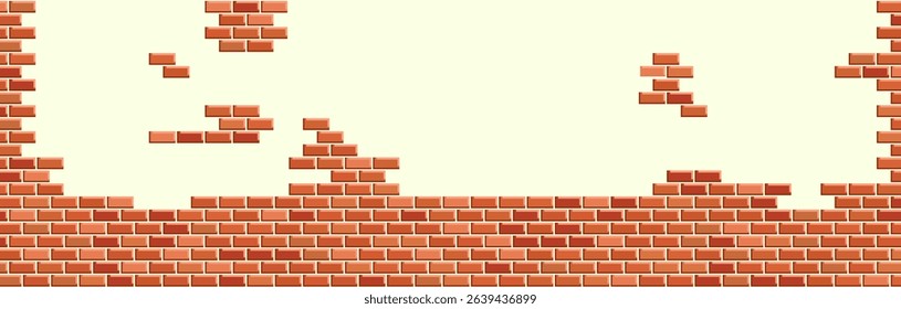 Realistic illustration of a damaged brick wall with missing sections on a light background.