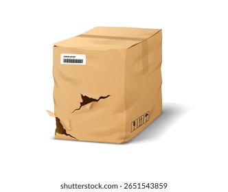 Realistic illustration of a damaged cardboard box with a noticeable tear. Brown packaging is slightly dented. Ideal for shipping and logistics themes.