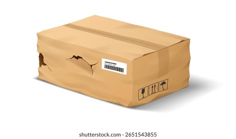 Ilustração realista de pacote de papelão danificado. Apresenta um rasgo com código de barras visível. Posicione em um plano de fundo branco, realçando os problemas de entrega.