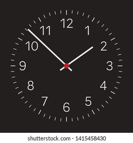 Realistic illustration of a dark clock face with silver numbers and a clock and a red center. Isolated on white background - vector
