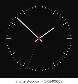 Realistic illustration of a dark clock face and a red center. Isolated on black background - vector