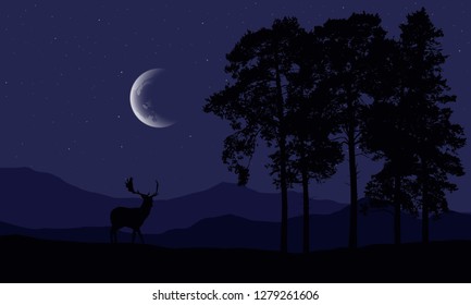 Realistic illustration of a deer silhouette in a mountain landscape with a forest and coniferous trees, under a purple night sky with stars and a crescent - vector