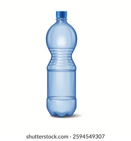 Realistic illustration depicting a blue plastic water bottle featuring a screw cap placed centrally on a plain white background. Focus on texture and light reflection.